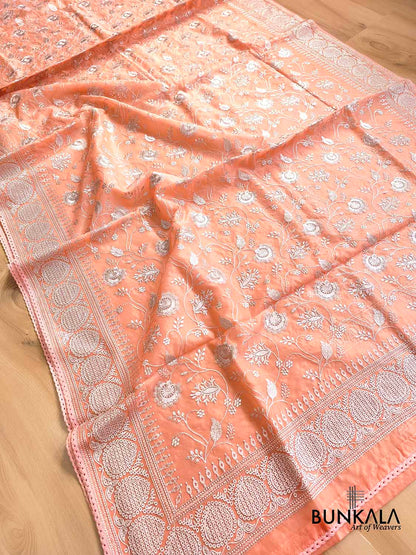 Peach Banarasi Organza Silver Zari Work Floral Design Embroidery Saree