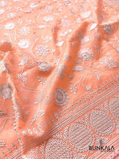 Peach Banarasi Organza Silver Zari Work Floral Design Embroidery Saree
