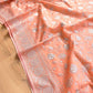 Peach Banarasi Organza Silver Zari Work Floral Design Embroidery Saree