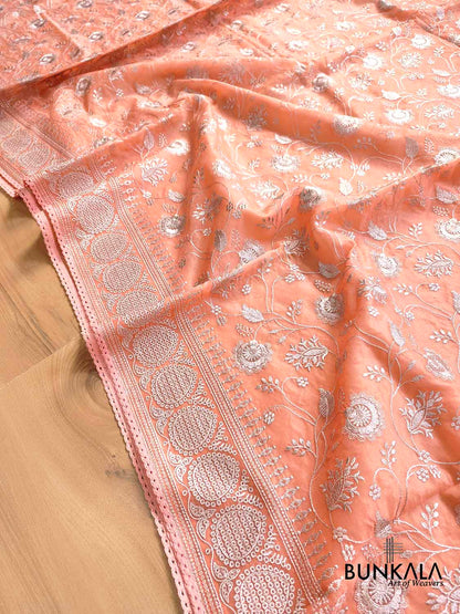 Peach Banarasi Organza Silver Zari Work Floral Design Embroidery Saree