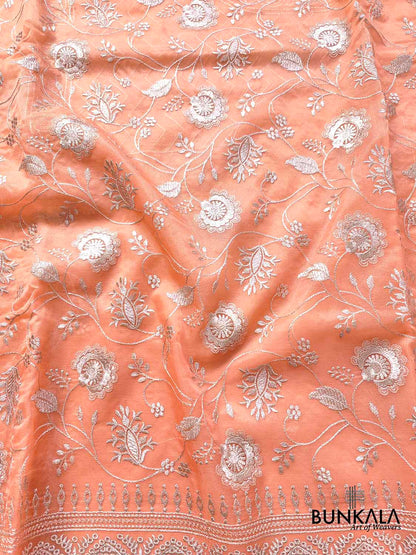 Peach Banarasi Organza Silver Zari Work Floral Design Embroidery Saree