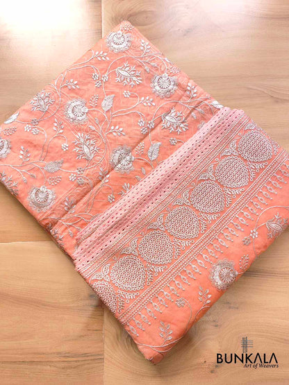 Peach Banarasi Organza Silver Zari Work Floral Design Embroidery Saree
