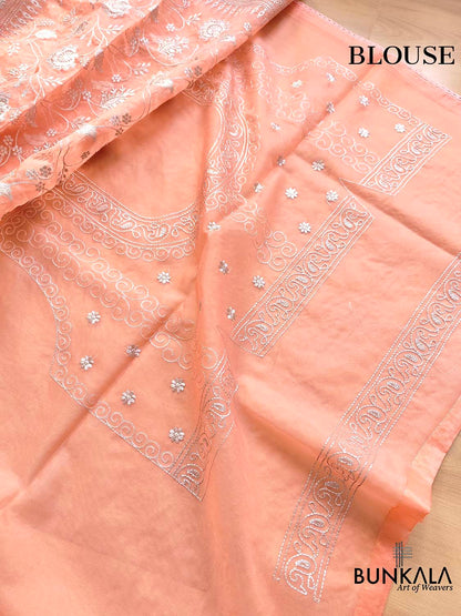 Peach Banarasi Organza Silver Zari Work Floral Design Embroidery Saree