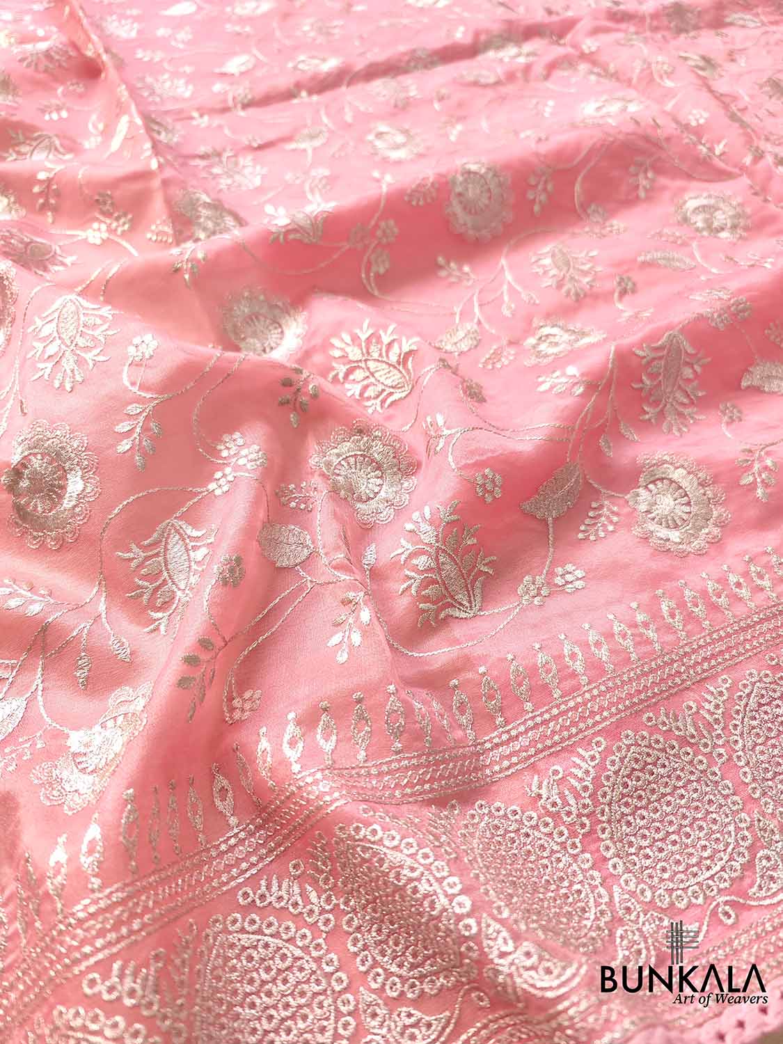 Pink Banarasi Organza Silver Zari Work Floral Design Embroidery Saree