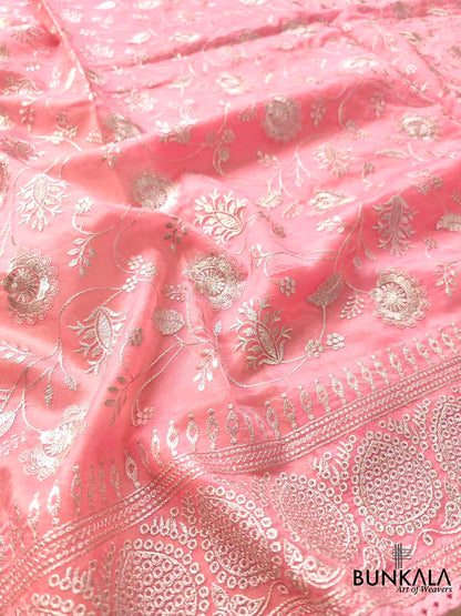 Pink Banarasi Organza Silver Zari Work Floral Design Embroidery Saree