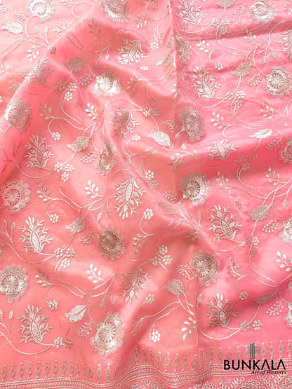 Pink Banarasi Organza Silver Zari Work Floral Design Embroidery Saree
