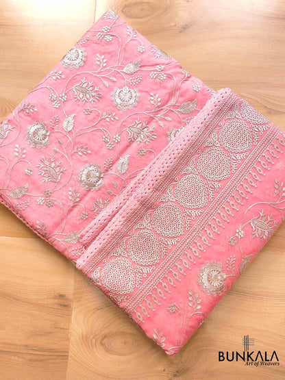 Pink Banarasi Organza Silver Zari Work Floral Design Embroidery Saree