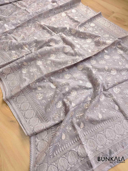 Grey Banarasi Organza Silver Zari Work Floral Design Embroidery Saree