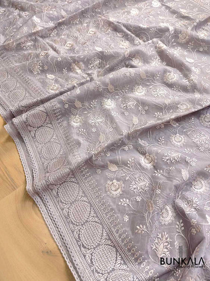 Grey Banarasi Organza Silver Zari Work Floral Design Embroidery Saree