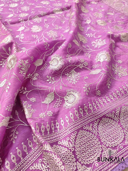 Lavender Banarasi Organza Silver Zari Work Floral Design Embroidery Saree