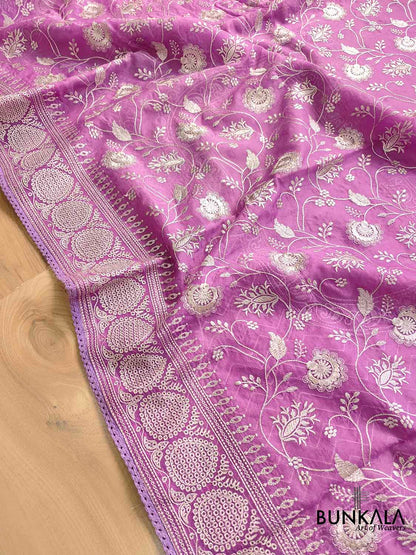 Lavender Banarasi Organza Silver Zari Work Floral Design Embroidery Saree