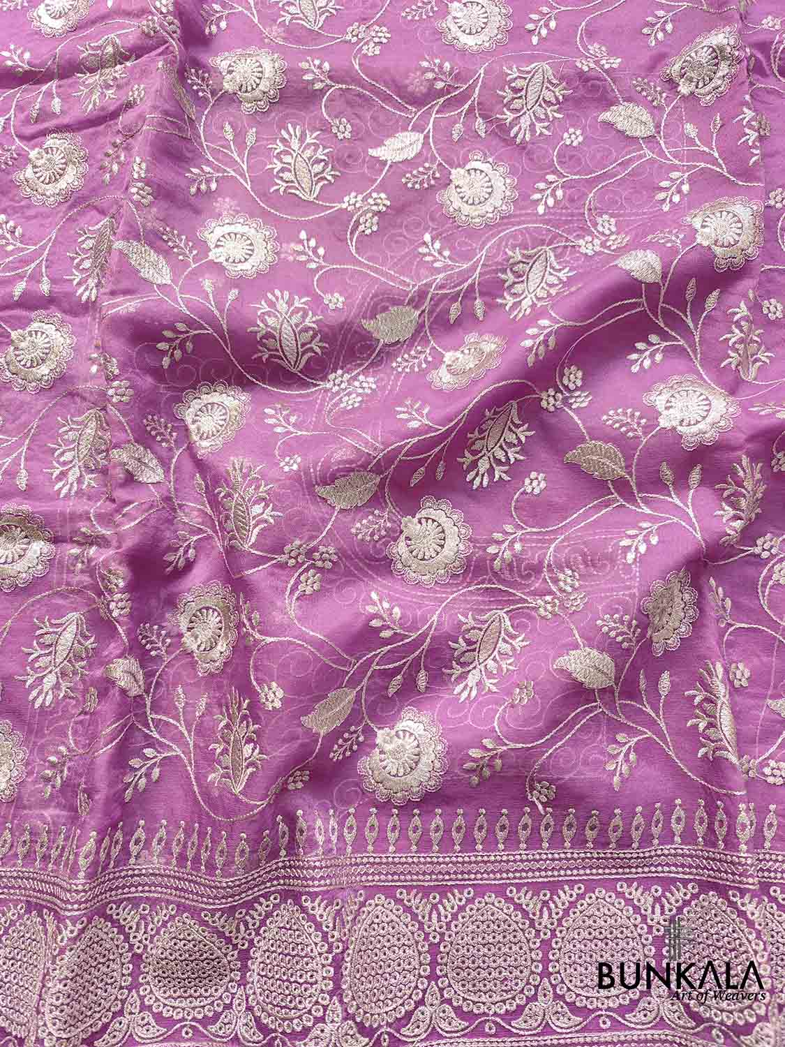 Lavender Banarasi Organza Silver Zari Work Floral Design Embroidery Saree