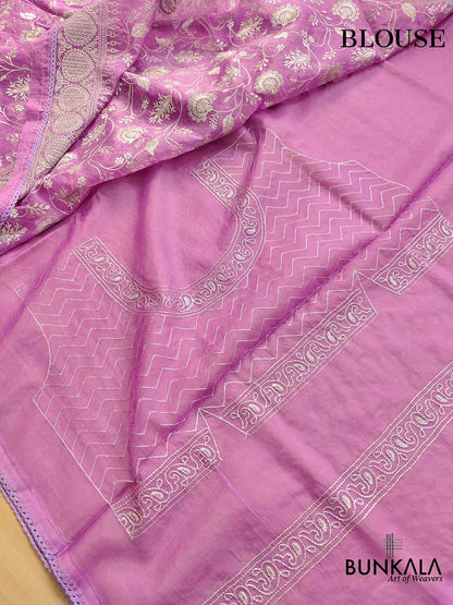 Lavender Banarasi Organza Silver Zari Work Floral Design Embroidery Saree