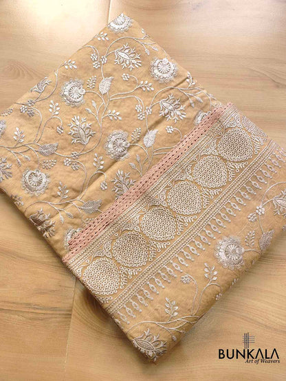 Cream Banarasi Organza Silver Zari Work Floral Design Embroidery Saree