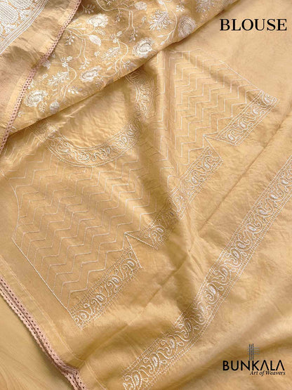 Cream Banarasi Organza Silver Zari Work Floral Design Embroidery Saree