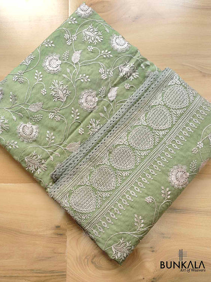 Green Banarasi Organza Silver Zari Work Floral Design Embroidery Saree