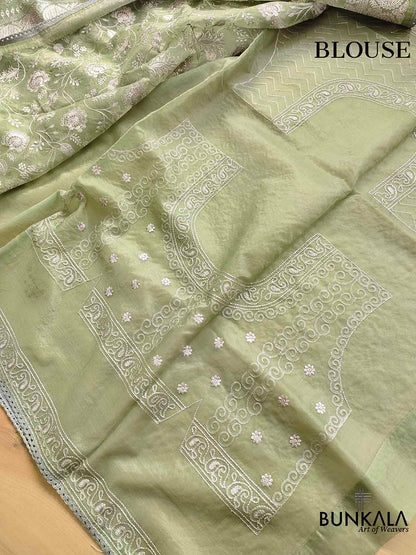 Green Banarasi Organza Silver Zari Work Floral Design Embroidery Saree