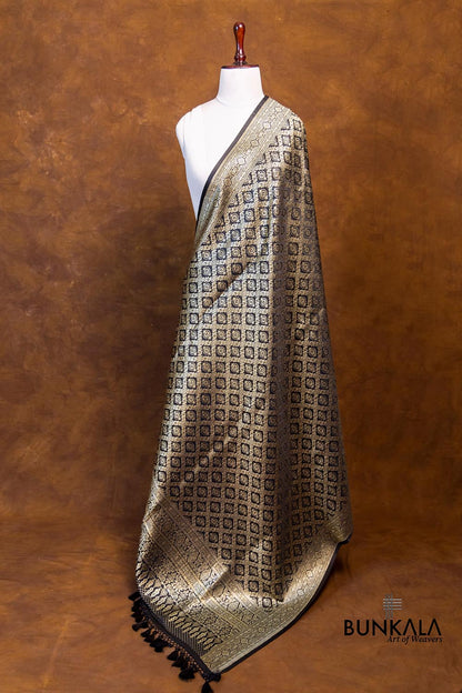Glamourous Jet Black Mashru Silk Brocade Weaved Banarasi Dupatta
