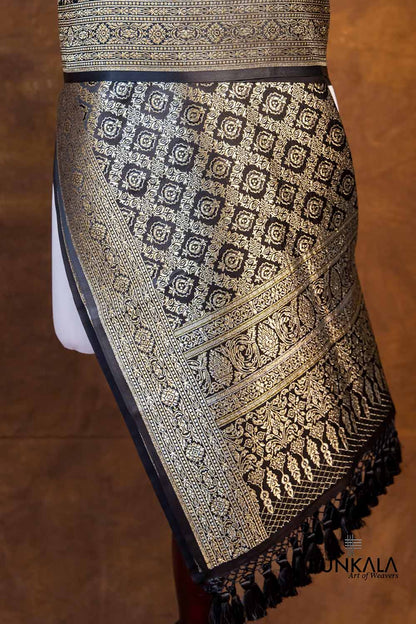 Glamourous Jet Black Mashru Silk Brocade Weaved Banarasi Dupatta