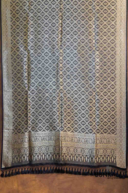 Glamourous Jet Black Mashru Silk Brocade Weaved Banarasi Dupatta