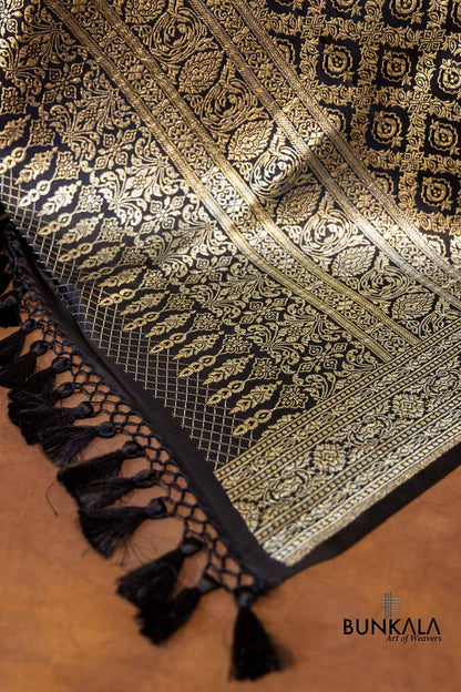 Glamourous Jet Black Mashru Silk Brocade Weaved Banarasi Dupatta