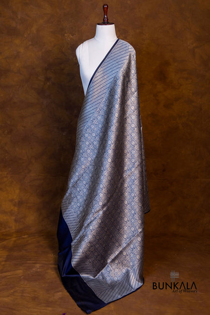 Navy Blue Pure Katan Silk Gold and Silver Zari Brocade Hand Weaved Banarasi Dupatta