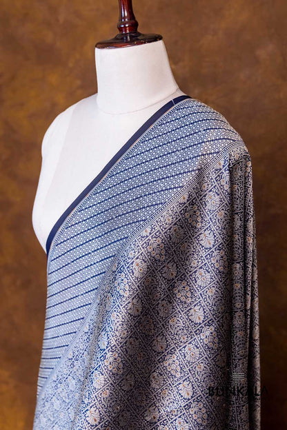 Navy Blue Pure Katan Silk Gold and Silver Zari Brocade Hand Weaved Banarasi Dupatta