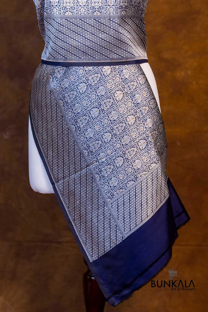Navy Blue Pure Katan Silk Gold and Silver Zari Brocade Hand Weaved Banarasi Dupatta