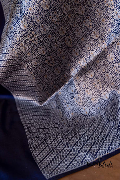 Navy Blue Pure Katan Silk Gold and Silver Zari Brocade Hand Weaved Banarasi Dupatta