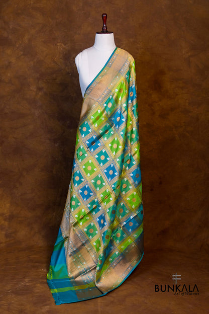 Rangkaat Green and Blue Pure Katan Silk Handloom Big Checks Design Sona Rupa Banarasi Dupatta