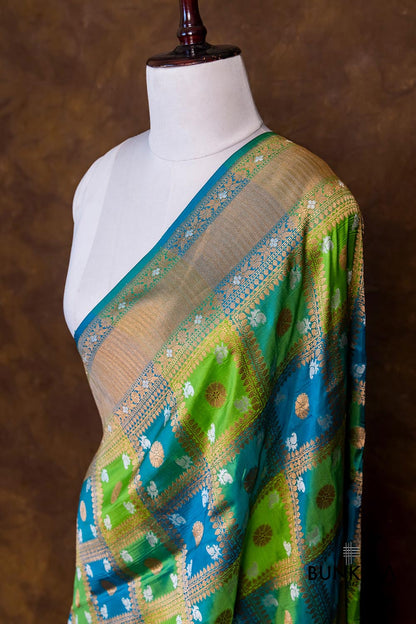 Rangkaat Green and Blue Pure Katan Silk Handloom Big Checks Design Sona Rupa Banarasi Dupatta