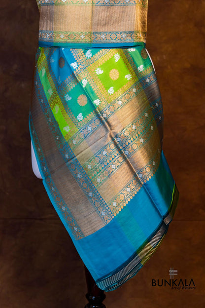 Rangkaat Green and Blue Pure Katan Silk Handloom Big Checks Design Sona Rupa Banarasi Dupatta