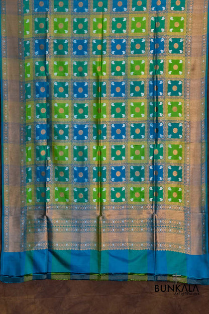 Rangkaat Green and Blue Pure Katan Silk Handloom Big Checks Design Sona Rupa Banarasi Dupatta