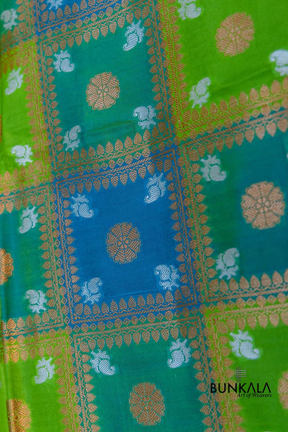 Rangkaat Green and Blue Pure Katan Silk Handloom Big Checks Design Sona Rupa Banarasi Dupatta