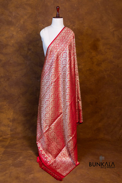 Bridal Rich Red Mashru Silk Brocade Weaved Big Border Banarasi Dupatta