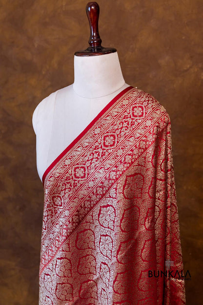 Bridal Rich Red Mashru Silk Brocade Weaved Big Border Banarasi Dupatta