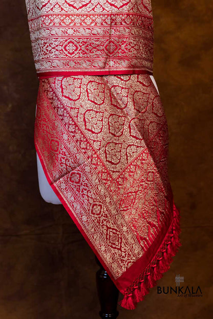 Bridal Rich Red Mashru Silk Brocade Weaved Big Border Banarasi Dupatta