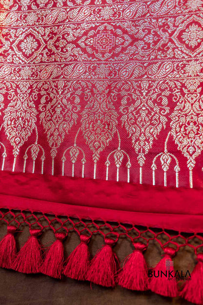 Bridal Rich Red Mashru Silk Brocade Weaved Big Border Banarasi Dupatta