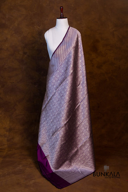 Plum Purple Pure Katan Silk Gold and Silver Zari Brocade Hand Weaved Banarasi Dupatta