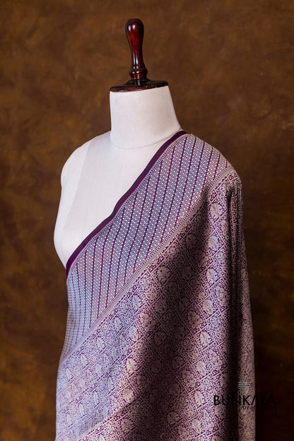 Plum Purple Pure Katan Silk Gold and Silver Zari Brocade Hand Weaved Banarasi Dupatta