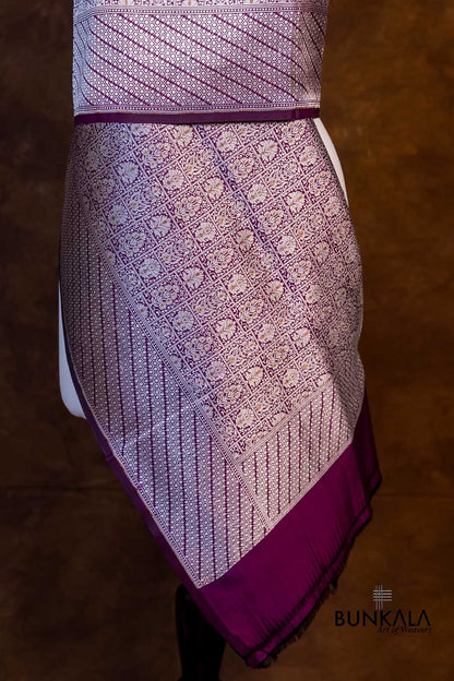 Plum Purple Pure Katan Silk Gold and Silver Zari Brocade Hand Weaved Banarasi Dupatta
