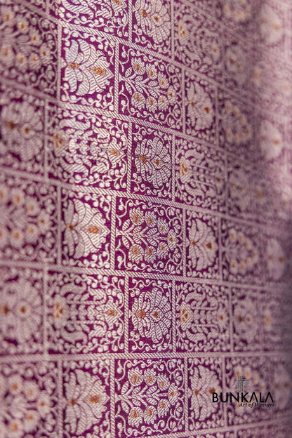 Plum Purple Pure Katan Silk Gold and Silver Zari Brocade Hand Weaved Banarasi Dupatta