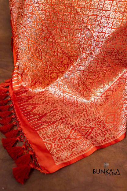 Burnt Orange Mashru Silk Brocade Weaved Big Border Banarasi Dupatta