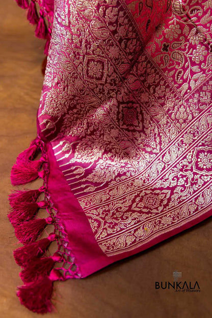 Blushing Rani Pink Mashru Silk Brocade Weaved Big Border Banarasi Dupatta