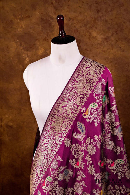 Purple Shikargha Ektara Kadwa Handweaved Banarasi Pure Katan Silk Dupatta