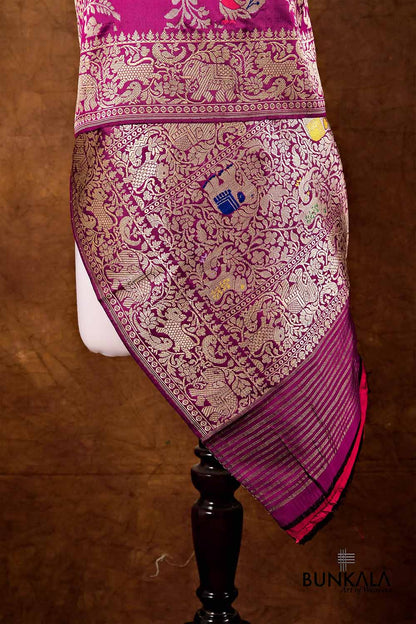 Purple Shikargha Ektara Kadwa Handweaved Banarasi Pure Katan Silk Dupatta