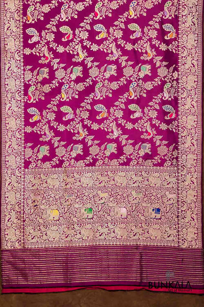 Purple Shikargha Ektara Kadwa Handweaved Banarasi Pure Katan Silk Dupatta