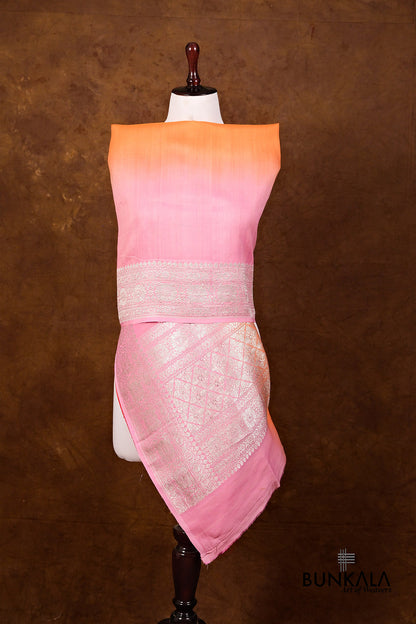 Pink Orange Shaded Plain Silver Zari Handloom Banarasi Pure Tussar Silk Dupatta