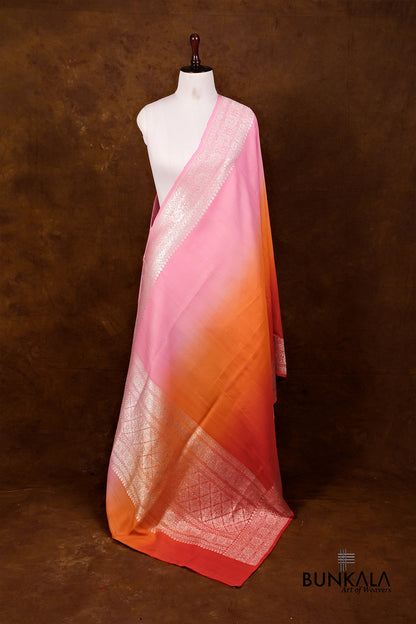Pink Orange Shaded Plain Silver Zari Handloom Banarasi Pure Tussar Silk Dupatta