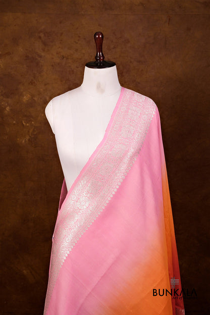 Pink Orange Shaded Plain Silver Zari Handloom Banarasi Pure Tussar Silk Dupatta